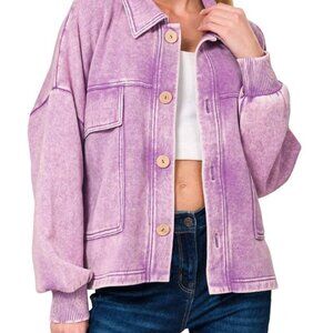 Zenana B Violet ACID WASH FLEECE FRONT POCKET CROPPED SHACKET SIZE L/XL
